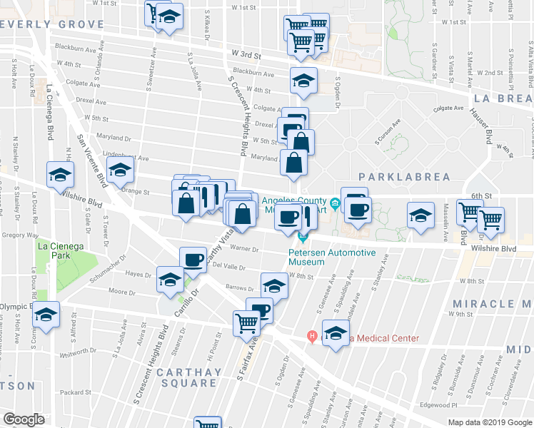 map of restaurants, bars, coffee shops, grocery stores, and more near 6152 Orange Street in Los Angeles