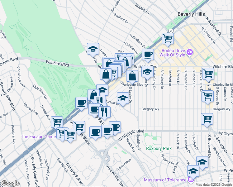 map of restaurants, bars, coffee shops, grocery stores, and more near 9936 Durant Drive in Beverly Hills