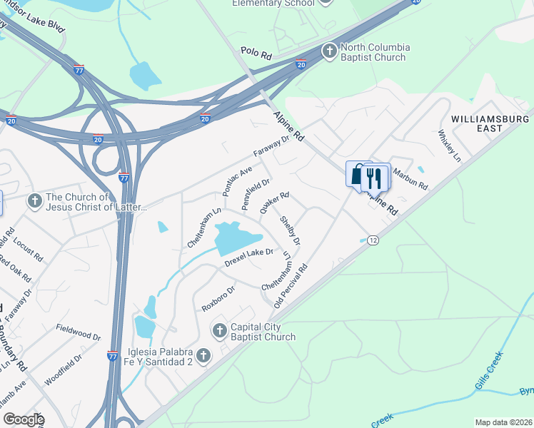map of restaurants, bars, coffee shops, grocery stores, and more near 1945 Quaker Road in Columbia
