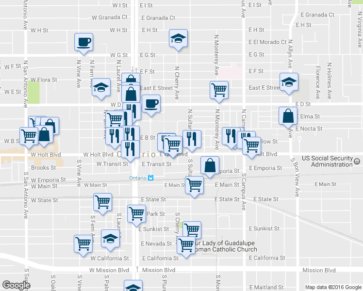 map of restaurants, bars, coffee shops, grocery stores, and more near 101 North Sparrow Privado in Ontario