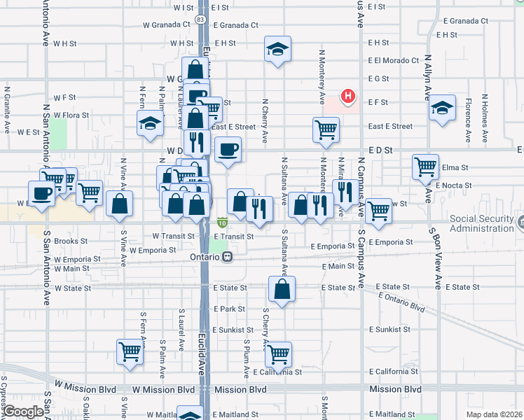map of restaurants, bars, coffee shops, grocery stores, and more near 101 North Plum Avenue in Ontario