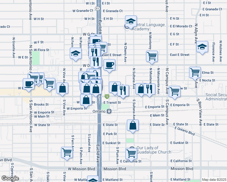 map of restaurants, bars, coffee shops, grocery stores, and more near 127 East Holt Boulevard in Ontario