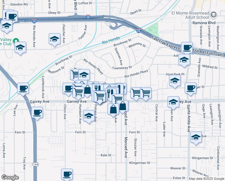 map of restaurants, bars, coffee shops, grocery stores, and more near 3026 Seaman Avenue in El Monte