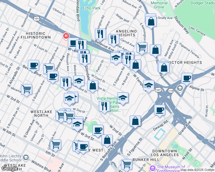 map of restaurants, bars, coffee shops, grocery stores, and more near 1319 Colton Street in Los Angeles
