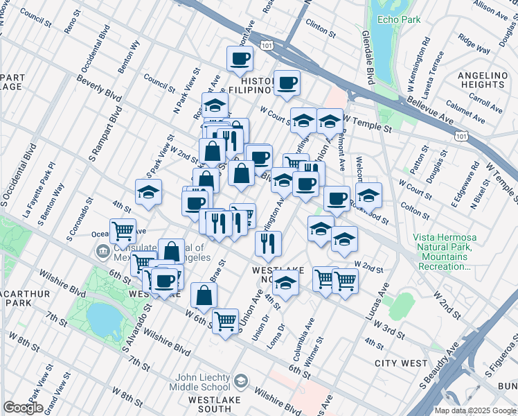 map of restaurants, bars, coffee shops, grocery stores, and more near 236 South Bonnie Brae Street in Los Angeles