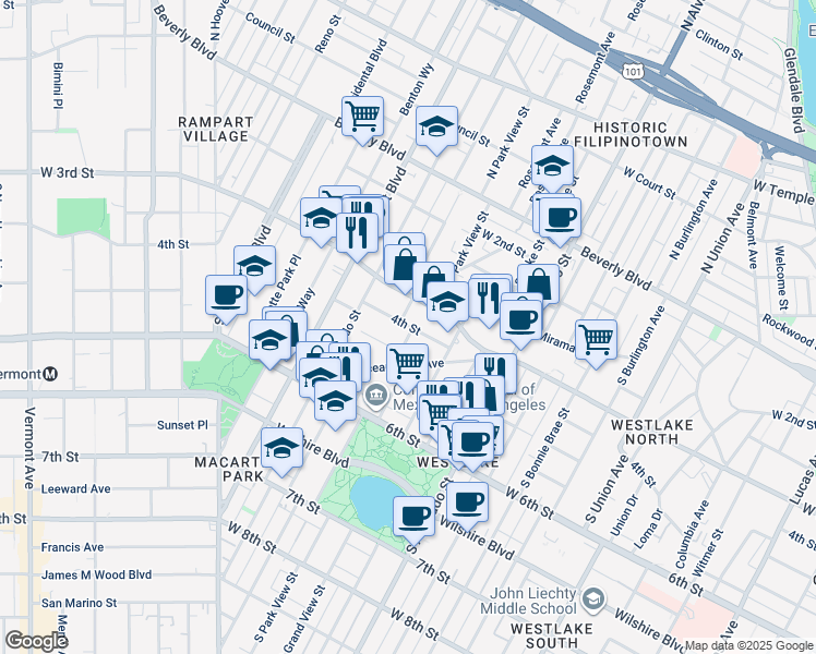map of restaurants, bars, coffee shops, grocery stores, and more near 412 South Park View Street in Los Angeles