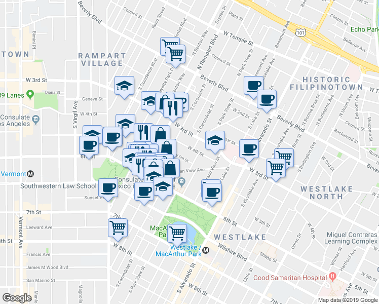 map of restaurants, bars, coffee shops, grocery stores, and more near 2536 West 5th Street in Los Angeles