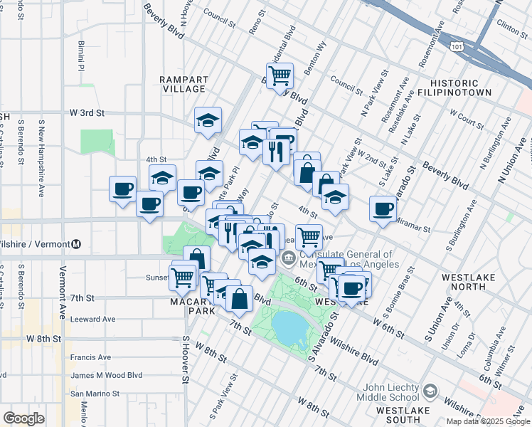 map of restaurants, bars, coffee shops, grocery stores, and more near 517 South Coronado Street in Los Angeles