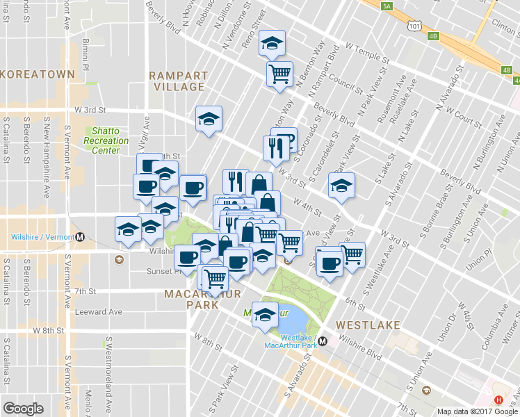 map of restaurants, bars, coffee shops, grocery stores, and more near 517 South Coronado Street in Los Angeles