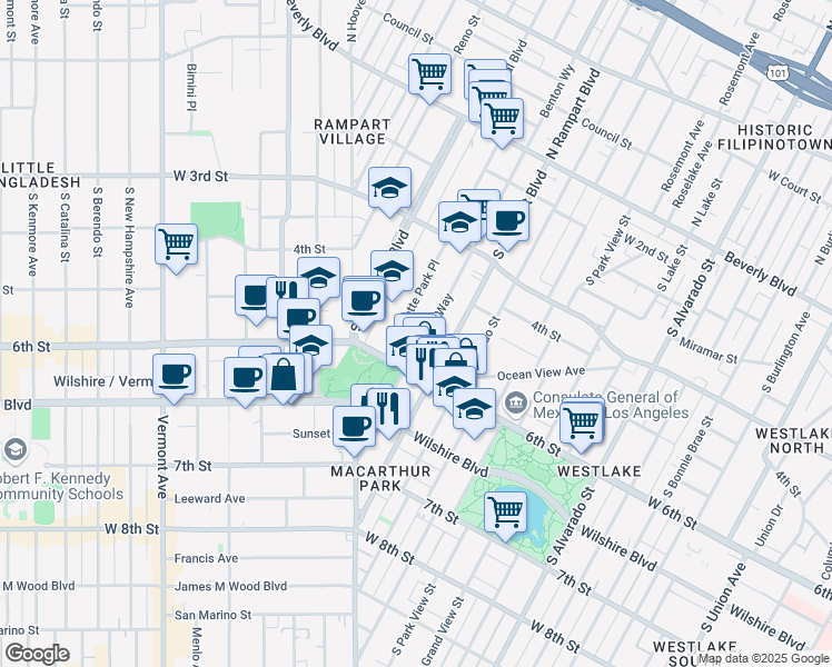 map of restaurants, bars, coffee shops, grocery stores, and more near 2727 West 6th Street in Los Angeles