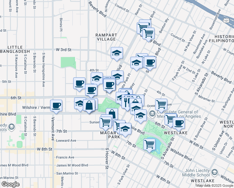 map of restaurants, bars, coffee shops, grocery stores, and more near 2727 West 6th Street in Los Angeles