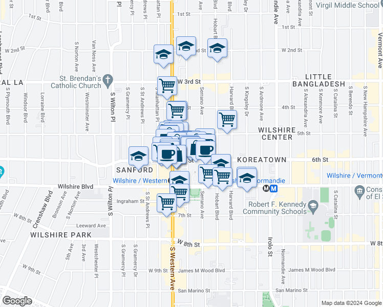 map of restaurants, bars, coffee shops, grocery stores, and more near 3900 West 6th Street in Los Angeles