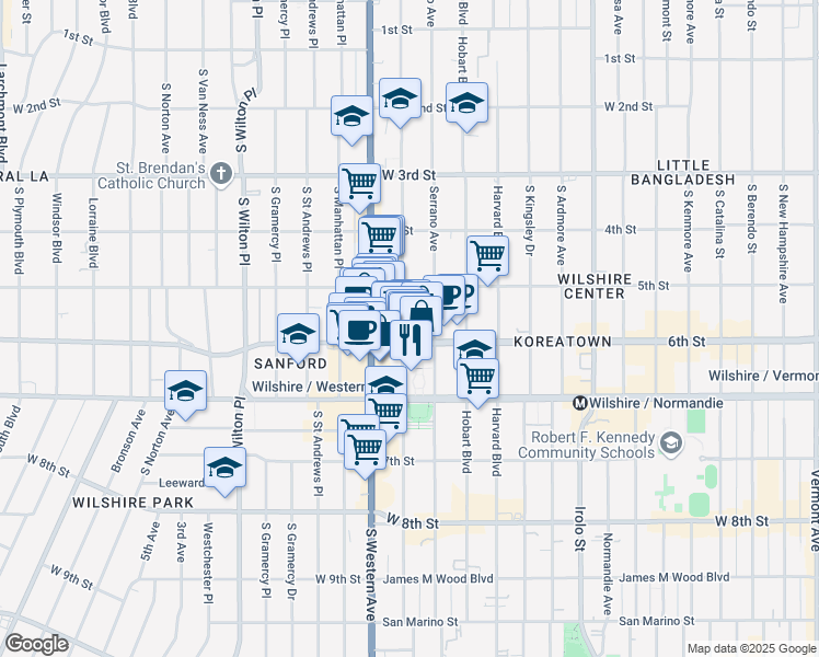 map of restaurants, bars, coffee shops, grocery stores, and more near 544 South Oxford Avenue in Los Angeles
