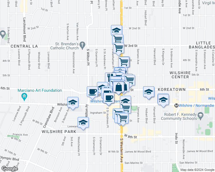 map of restaurants, bars, coffee shops, grocery stores, and more near 4021 West 6th Street in Los Angeles