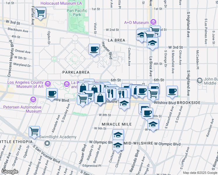 map of restaurants, bars, coffee shops, grocery stores, and more near 644 South Ridgeley Drive in Los Angeles