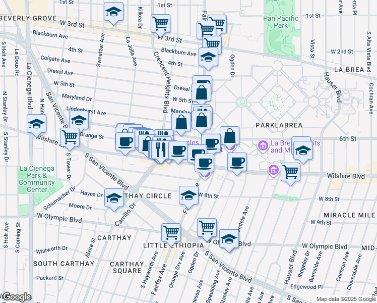 map of restaurants, bars, coffee shops, grocery stores, and more near 6205 Wilshire Boulevard in Los Angeles