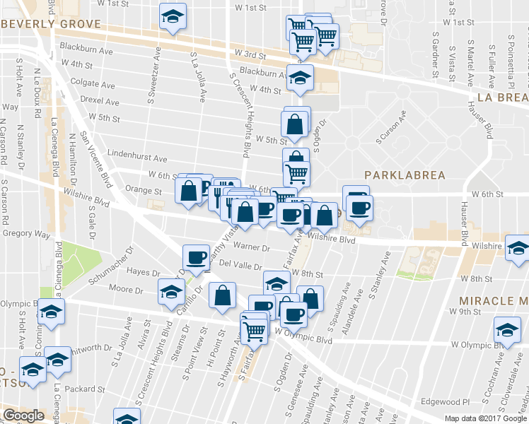 map of restaurants, bars, coffee shops, grocery stores, and more near 6205 Wilshire Boulevard in Los Angeles