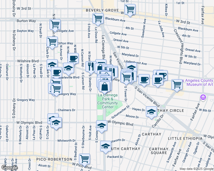 map of restaurants, bars, coffee shops, grocery stores, and more near 219 South Hamilton Drive in Beverly Hills