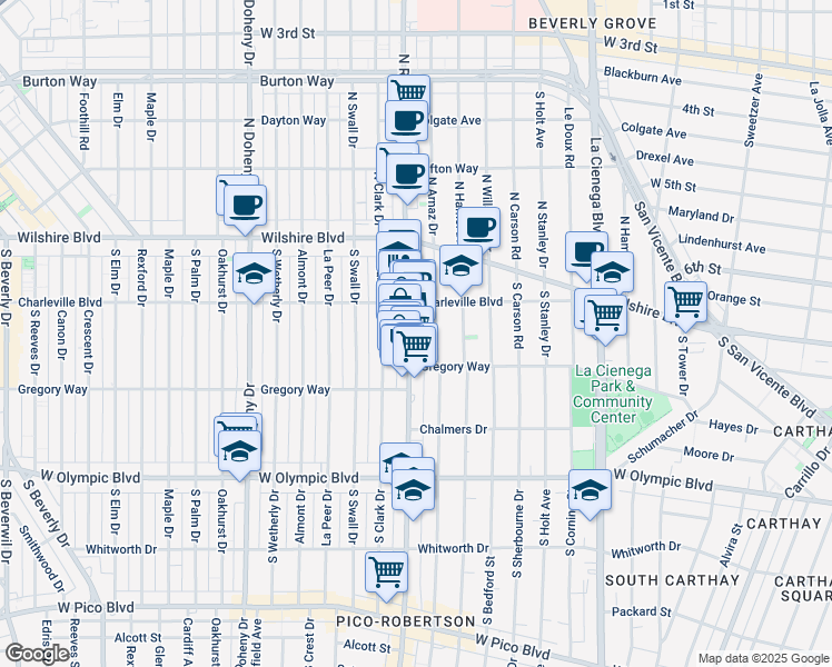map of restaurants, bars, coffee shops, grocery stores, and more near 221 South Arnaz Drive in Beverly Hills