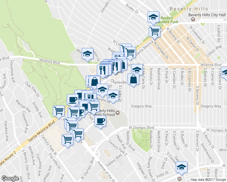 map of restaurants, bars, coffee shops, grocery stores, and more near 9941 Robbins Drive in Beverly Hills