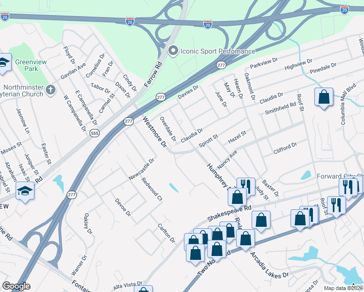 map of restaurants, bars, coffee shops, grocery stores, and more near 3811 Westmore Drive in Columbia