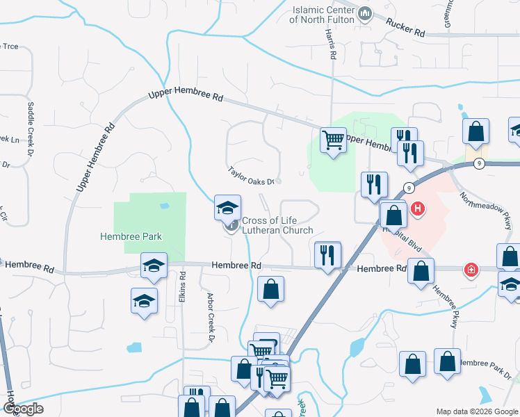 map of restaurants, bars, coffee shops, grocery stores, and more near Streamside Drive in Roswell