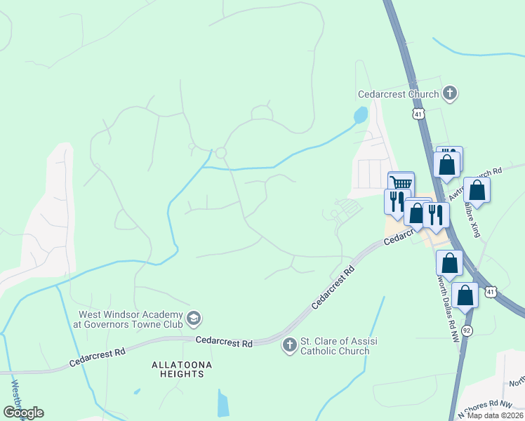map of restaurants, bars, coffee shops, grocery stores, and more near 6191 Talmadge Run in Acworth