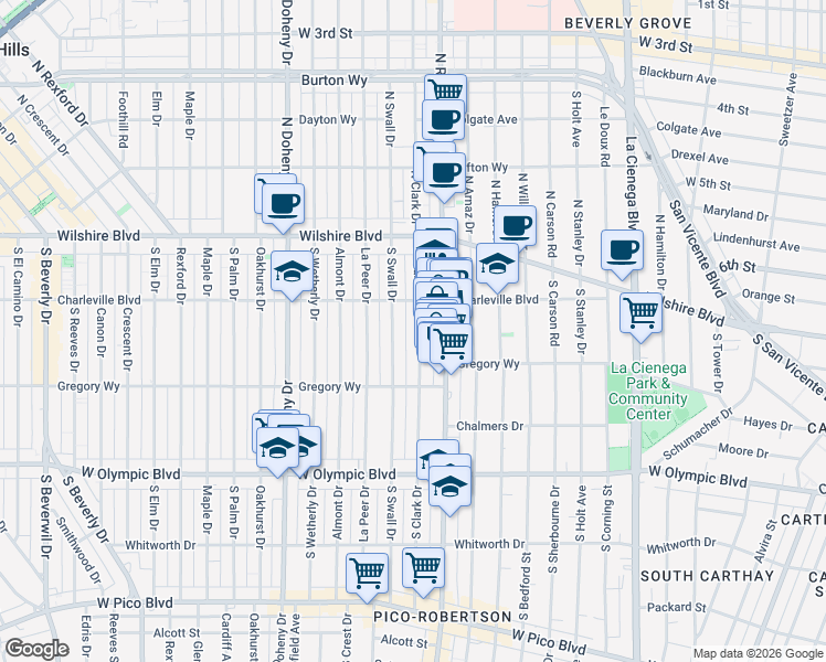map of restaurants, bars, coffee shops, grocery stores, and more near 225 South Clark Drive in Beverly Hills