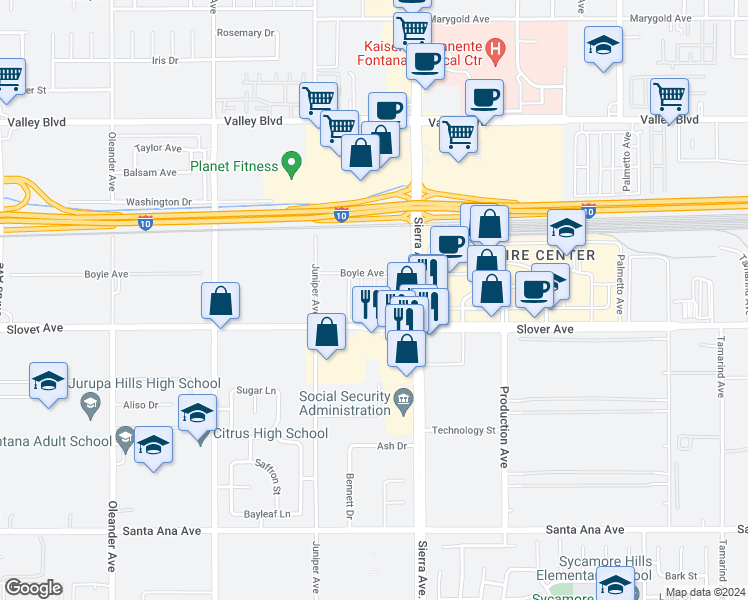 map of restaurants, bars, coffee shops, grocery stores, and more near 16860 Slover Avenue in Fontana
