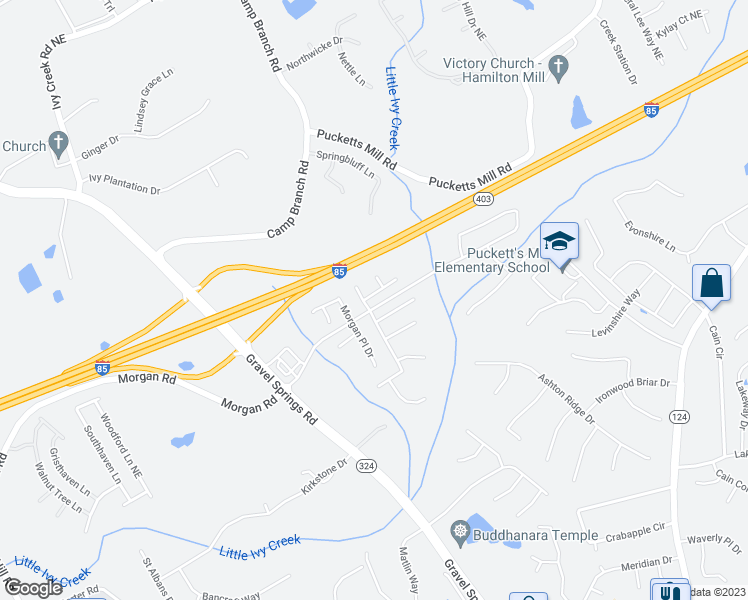 map of restaurants, bars, coffee shops, grocery stores, and more near 2707 Morgan Glen Road Northeast in Buford
