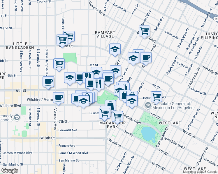 map of restaurants, bars, coffee shops, grocery stores, and more near 2820 West 6th Street in Los Angeles