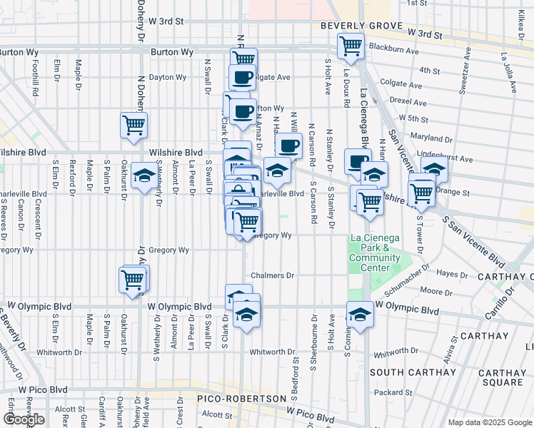 map of restaurants, bars, coffee shops, grocery stores, and more near 219 South Hamel Drive in Beverly Hills
