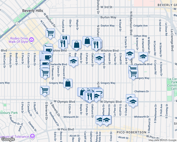 map of restaurants, bars, coffee shops, grocery stores, and more near 224 South Palm Drive in Beverly Hills