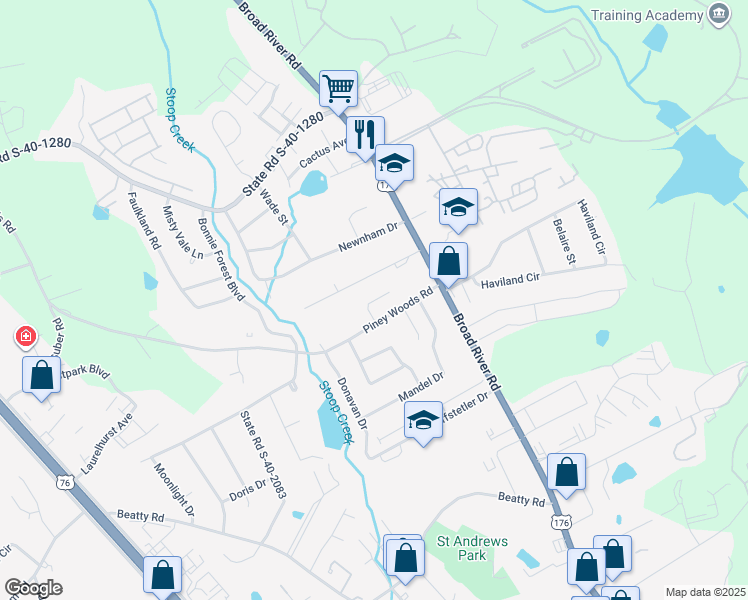map of restaurants, bars, coffee shops, grocery stores, and more near 1117 Piney Woods Road in Columbia