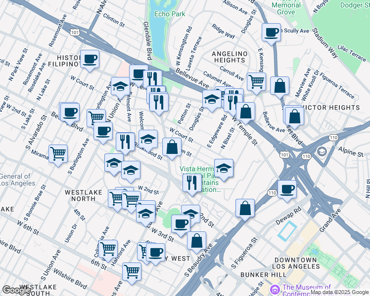 map of restaurants, bars, coffee shops, grocery stores, and more near 1363 Colton Street in Los Angeles