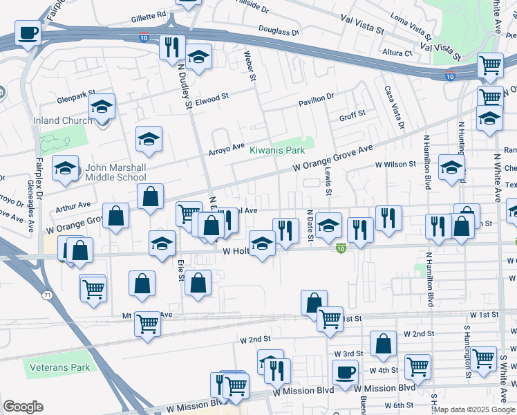 map of restaurants, bars, coffee shops, grocery stores, and more near 1443 Laurel Avenue in Pomona