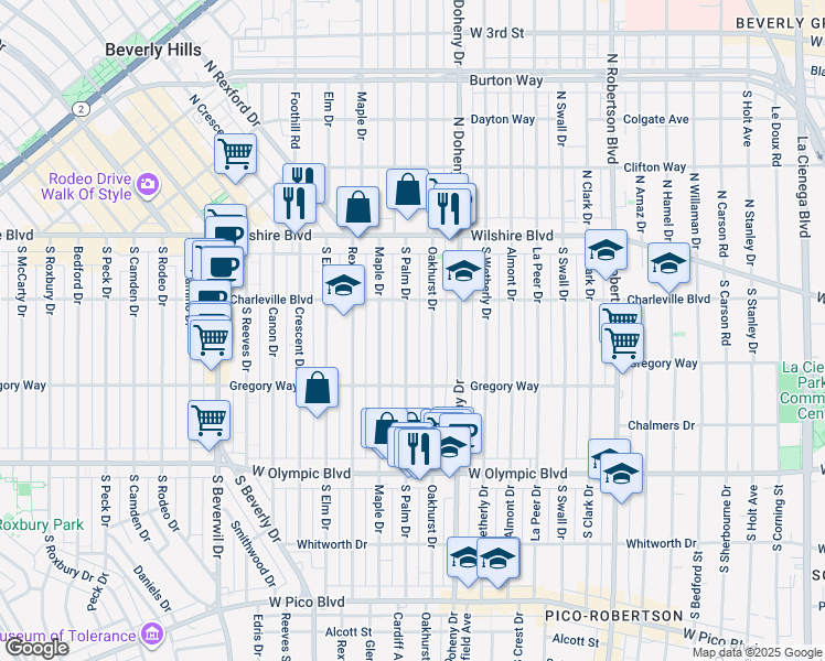 map of restaurants, bars, coffee shops, grocery stores, and more near 224 South Palm Drive in Beverly Hills
