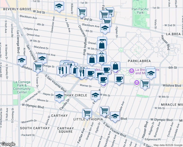map of restaurants, bars, coffee shops, grocery stores, and more near 6205 Wilshire Boulevard in Los Angeles