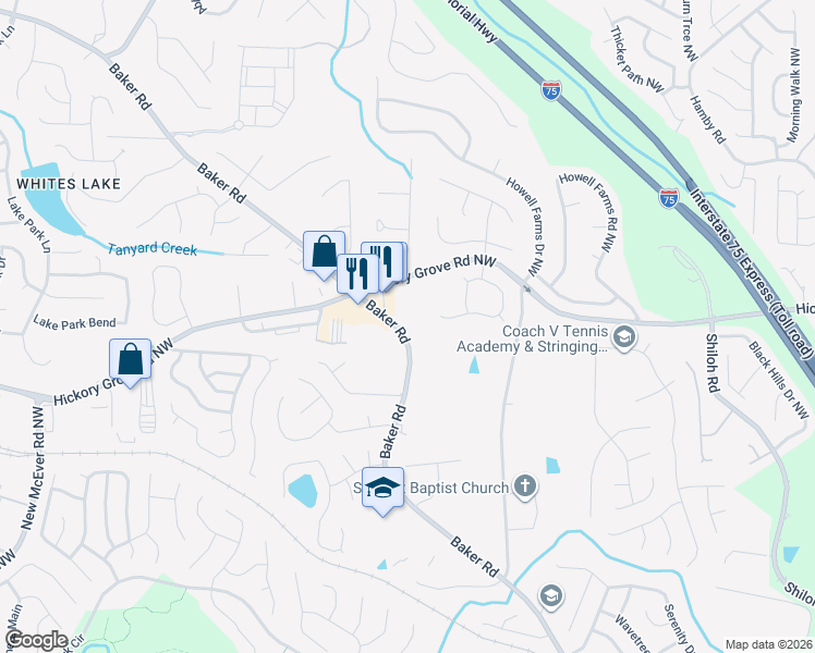 map of restaurants, bars, coffee shops, grocery stores, and more near 2494 Baker Road in Acworth