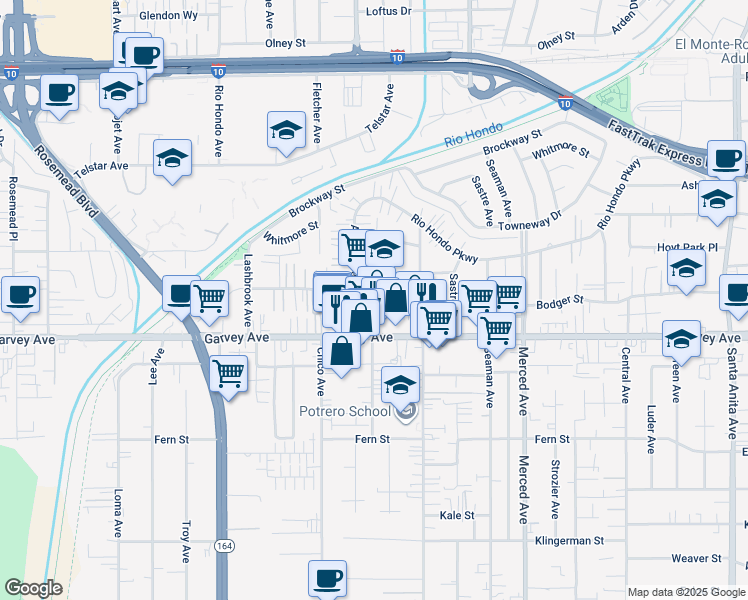 map of restaurants, bars, coffee shops, grocery stores, and more near 9724 Cortada Street in El Monte