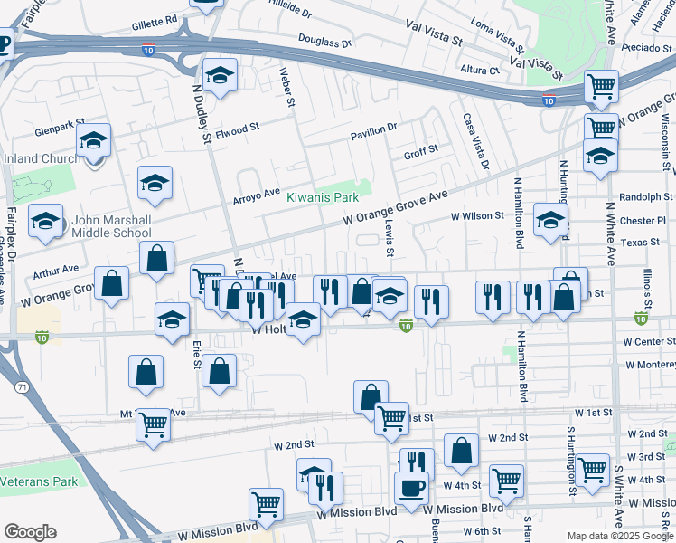 map of restaurants, bars, coffee shops, grocery stores, and more near 1373 Laurel Avenue in Pomona
