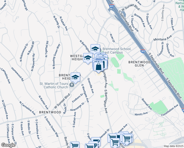 map of restaurants, bars, coffee shops, grocery stores, and more near 11750 West Sunset Boulevard in Los Angeles