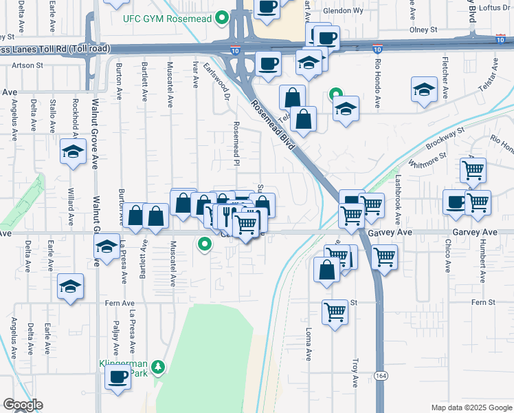 map of restaurants, bars, coffee shops, grocery stores, and more near 3045 Sullivan Avenue in Rosemead
