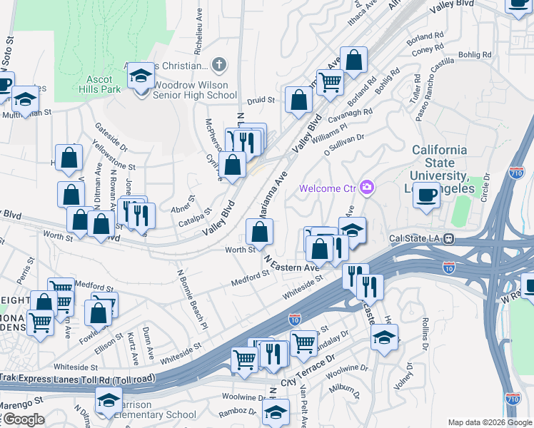 map of restaurants, bars, coffee shops, grocery stores, and more near 1920 North Marianna Avenue in Los Angeles