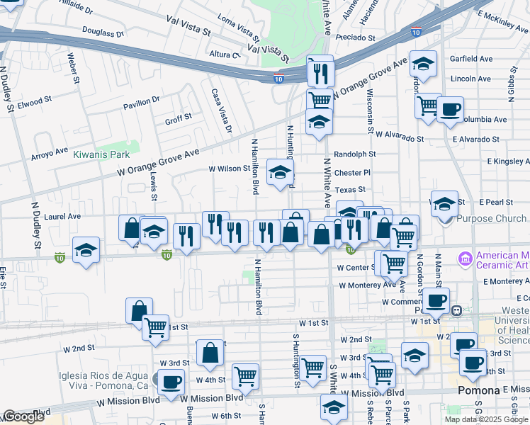 map of restaurants, bars, coffee shops, grocery stores, and more near 647 North Hamilton Boulevard in Pomona