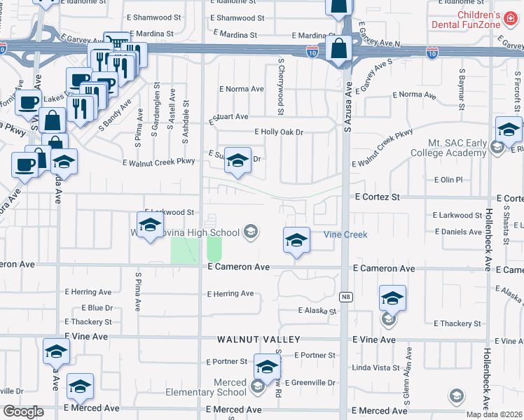 map of restaurants, bars, coffee shops, grocery stores, and more near 1524 East Larkwood Street in West Covina
