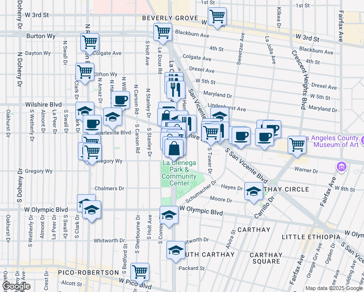 map of restaurants, bars, coffee shops, grocery stores, and more near 209 South Hamilton Drive in Beverly Hills