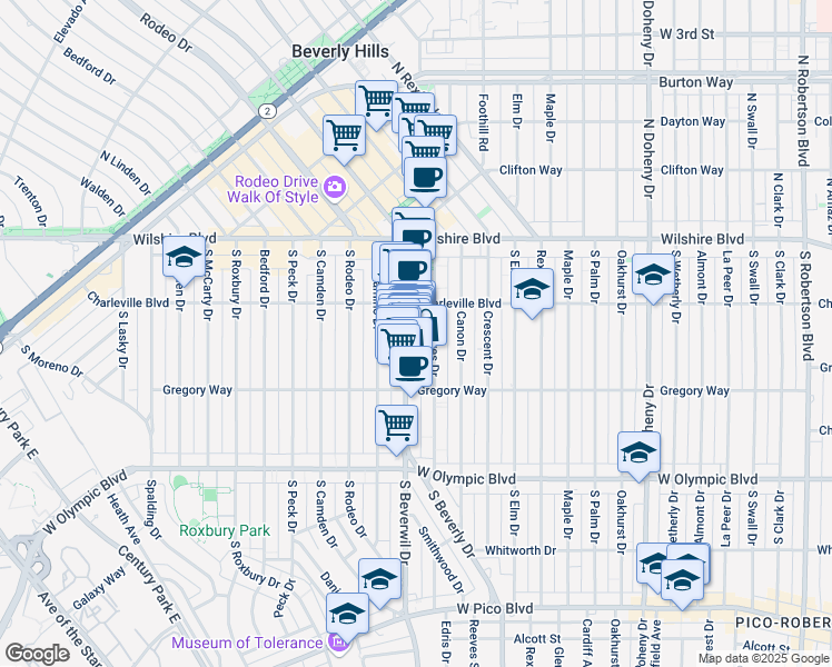 map of restaurants, bars, coffee shops, grocery stores, and more near 244 South Reeves Drive in Beverly Hills