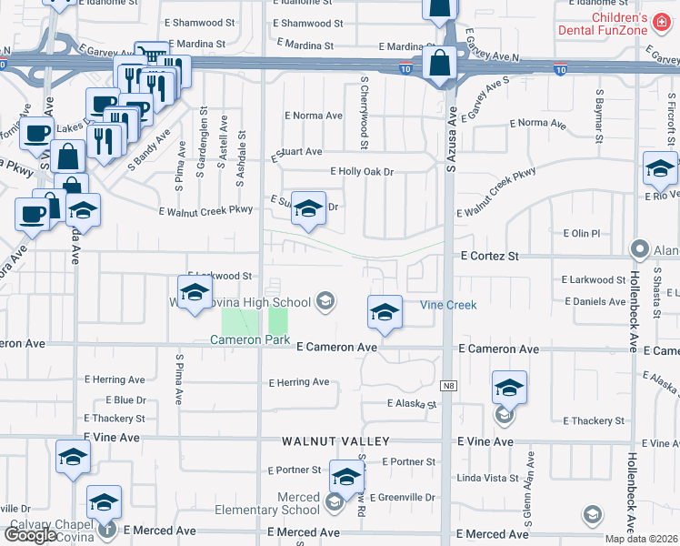 map of restaurants, bars, coffee shops, grocery stores, and more near 1538 East Larkwood Street in West Covina