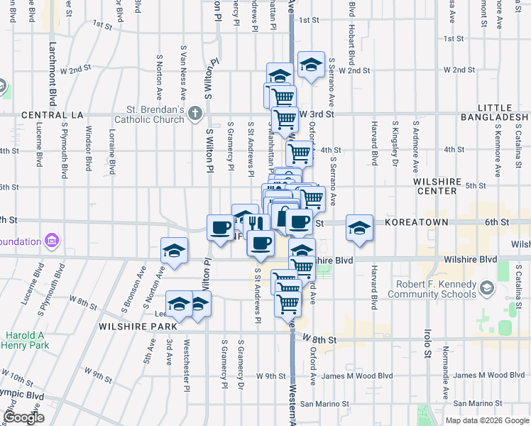 map of restaurants, bars, coffee shops, grocery stores, and more near 545 South Manhattan Place in Los Angeles